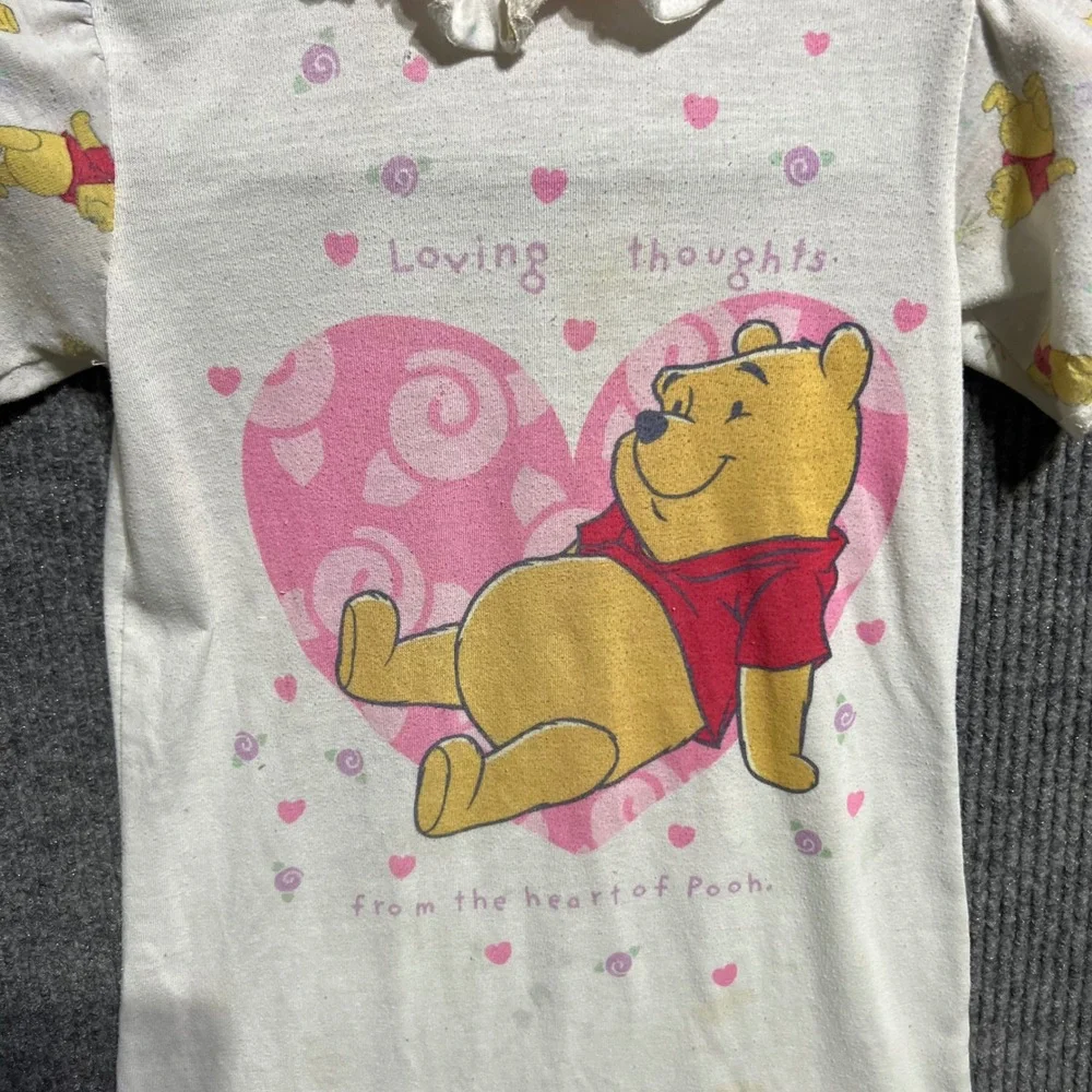 Vintage Disney Winnie the Pooh Nightgown Kids 6X White Pink Ruffle 90s Sleepwear